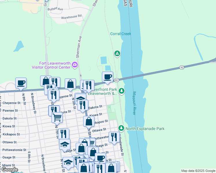 map of restaurants, bars, coffee shops, grocery stores, and more near 1102 North 2nd Street in Leavenworth