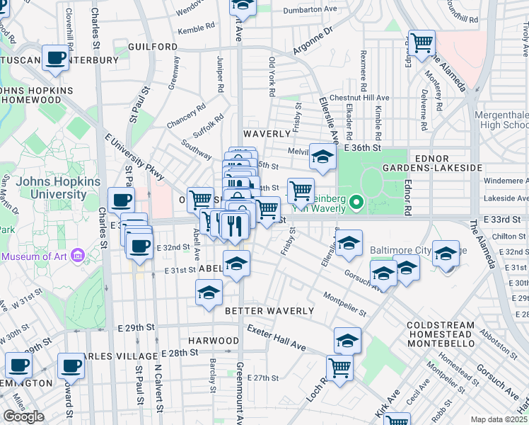 map of restaurants, bars, coffee shops, grocery stores, and more near 610 East 33rd Street in Baltimore