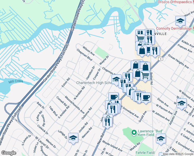 map of restaurants, bars, coffee shops, grocery stores, and more near 13 Cooper Drive in Somers Point