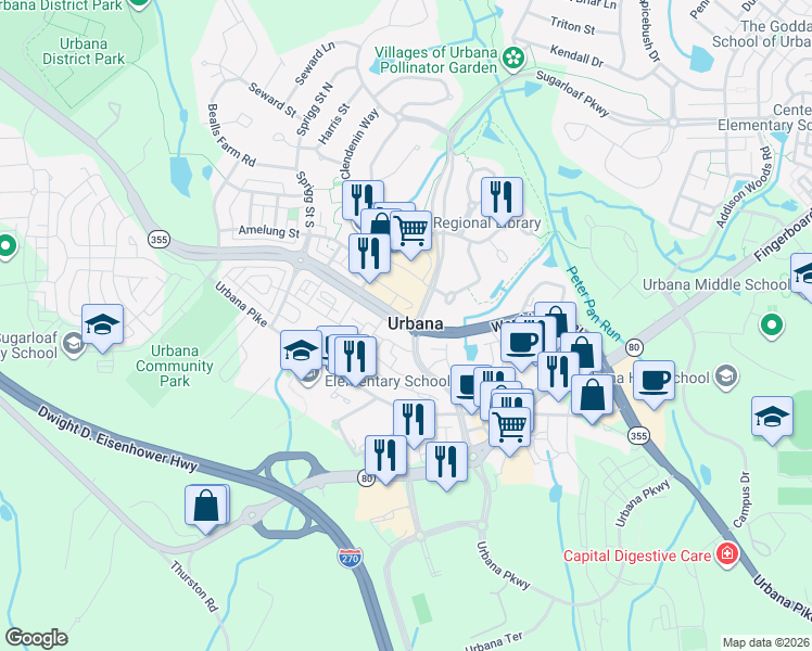 map of restaurants, bars, coffee shops, grocery stores, and more near Worthington Boulevard in Urbana