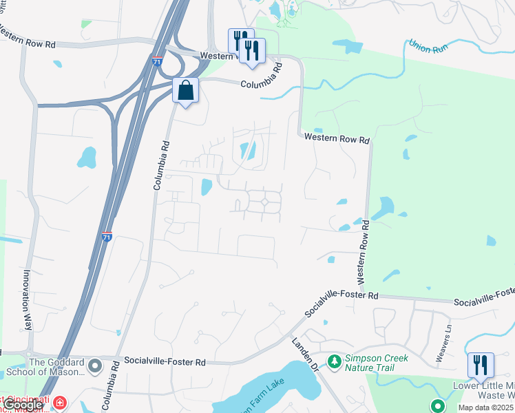 map of restaurants, bars, coffee shops, grocery stores, and more near 7525 Wakefield Lane in Maineville