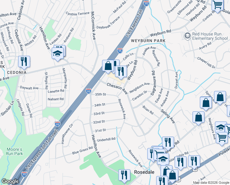 map of restaurants, bars, coffee shops, grocery stores, and more near 7930A 35th Street in Baltimore