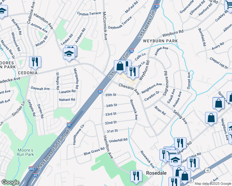 map of restaurants, bars, coffee shops, grocery stores, and more near 7916 35th Street in Rosedale