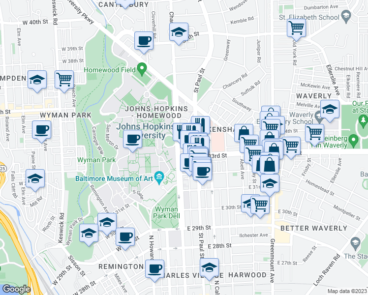 map of restaurants, bars, coffee shops, grocery stores, and more near 3333 Maryland 139 in Baltimore