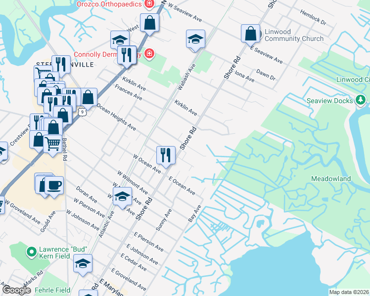 map of restaurants, bars, coffee shops, grocery stores, and more near 2321 Shore Road in Linwood