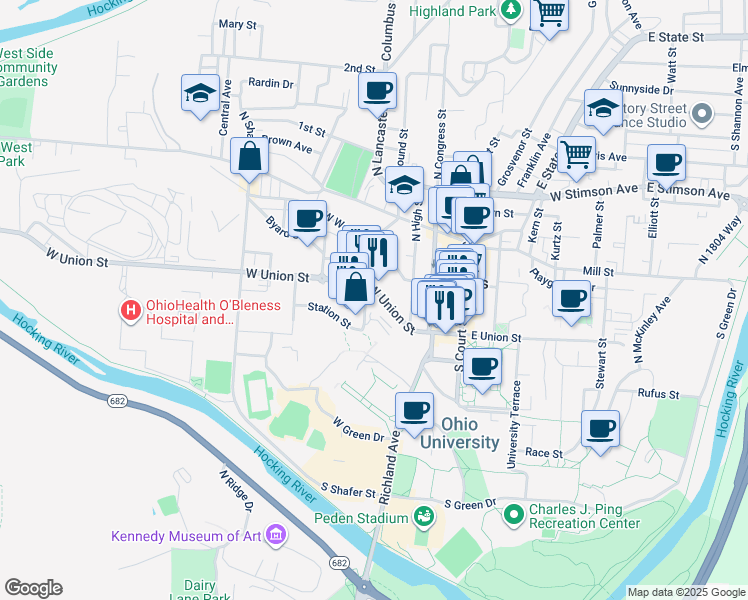 map of restaurants, bars, coffee shops, grocery stores, and more near 93 West Union Street in Athens