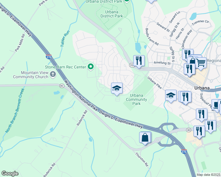 map of restaurants, bars, coffee shops, grocery stores, and more near 8666 Shady Pines Drive in Frederick