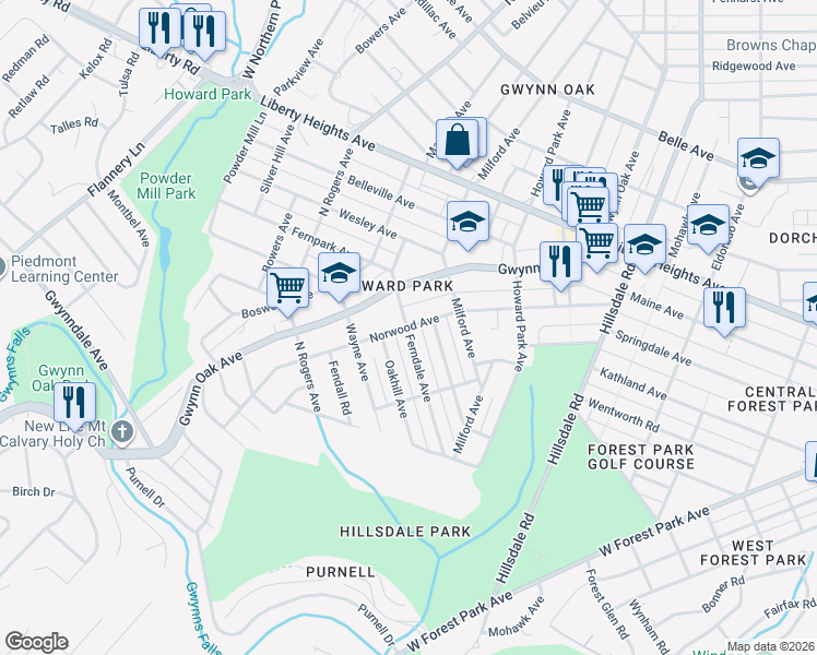 map of restaurants, bars, coffee shops, grocery stores, and more near 6106 Northwood Drive in Baltimore