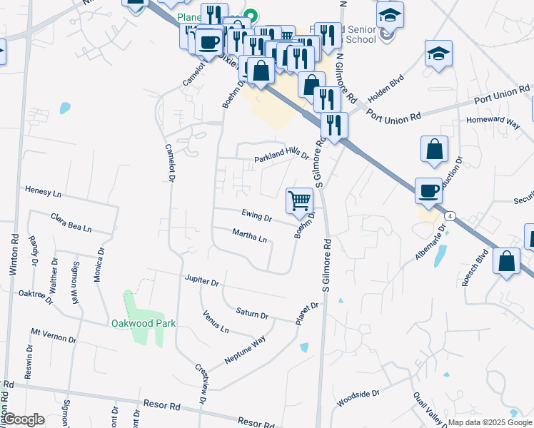 map of restaurants, bars, coffee shops, grocery stores, and more near 190 Ewing Drive in Fairfield