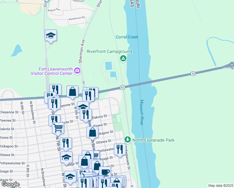 map of restaurants, bars, coffee shops, grocery stores, and more near 1100 North 2nd Street in Leavenworth