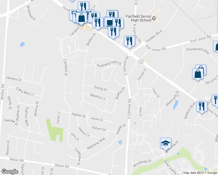 map of restaurants, bars, coffee shops, grocery stores, and more near 190 Ewing Drive in Fairfield