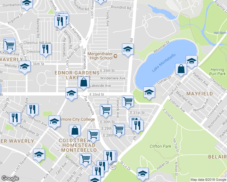 map of restaurants, bars, coffee shops, grocery stores, and more near 1706 East 33rd Street in Baltimore