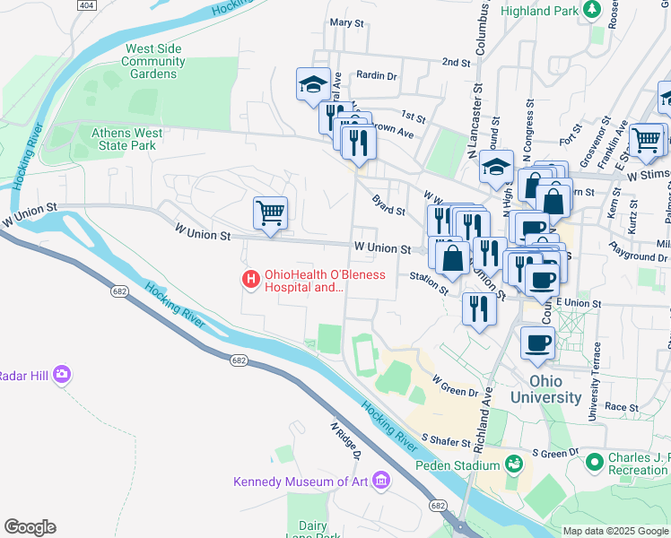 map of restaurants, bars, coffee shops, grocery stores, and more near 247 West Union Street in Athens