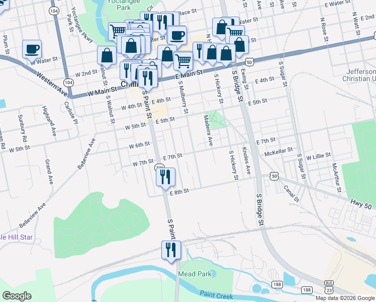 map of restaurants, bars, coffee shops, grocery stores, and more near 78 East 7th Street in Chillicothe