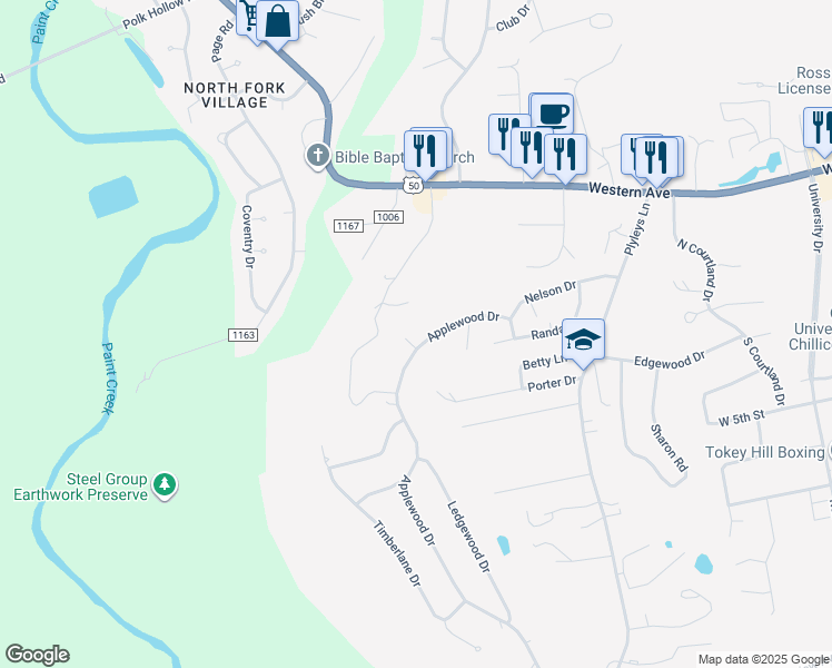 map of restaurants, bars, coffee shops, grocery stores, and more near 29 Applewood Drive in Chillicothe