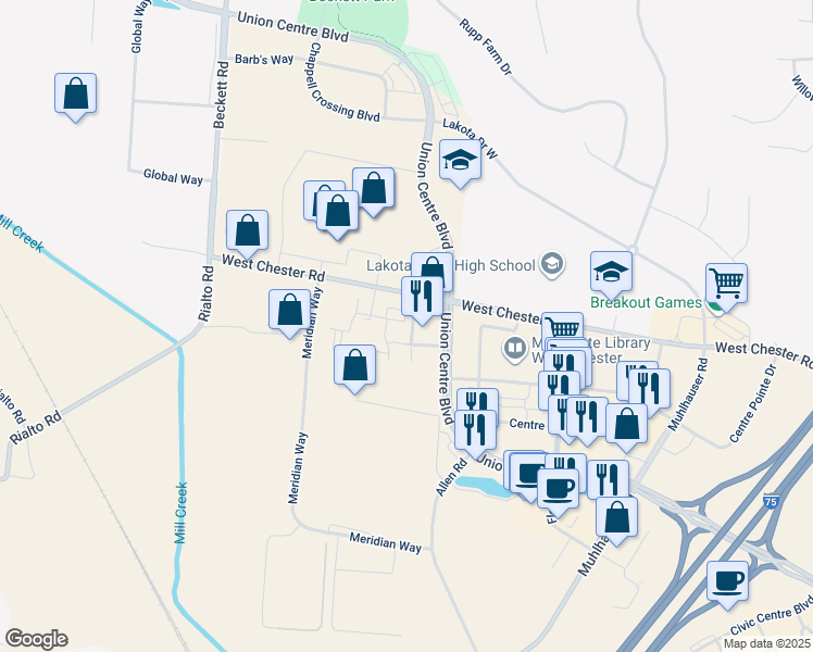 map of restaurants, bars, coffee shops, grocery stores, and more near 5599 Garden Center Way in Butler County