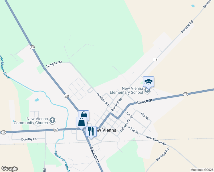 map of restaurants, bars, coffee shops, grocery stores, and more near 119 Penn Lane in New Vienna