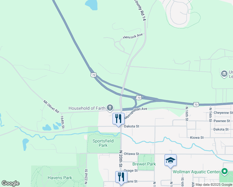 map of restaurants, bars, coffee shops, grocery stores, and more near U.S. 73 in Leavenworth