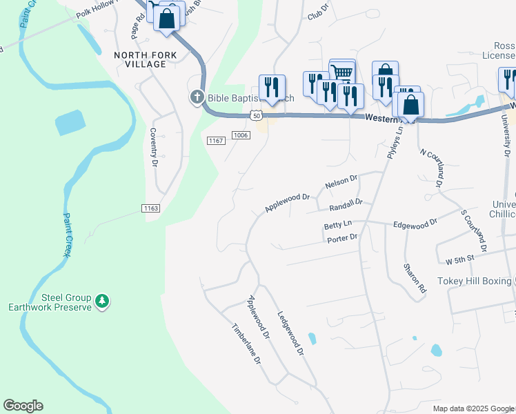 map of restaurants, bars, coffee shops, grocery stores, and more near 29 Applewood Drive in Chillicothe