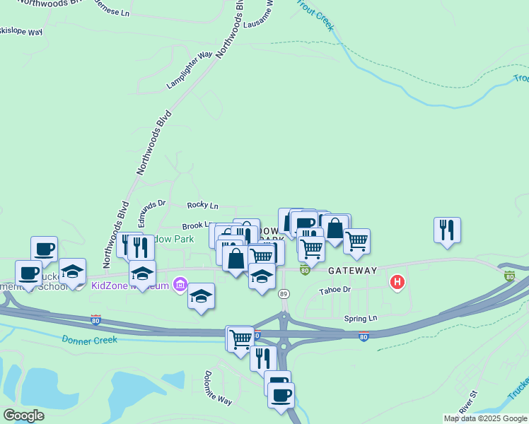 map of restaurants, bars, coffee shops, grocery stores, and more near 11327 Valley Road in Truckee