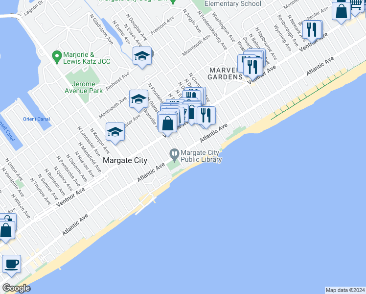 map of restaurants, bars, coffee shops, grocery stores, and more near 8013 Atlantic Avenue in Margate City
