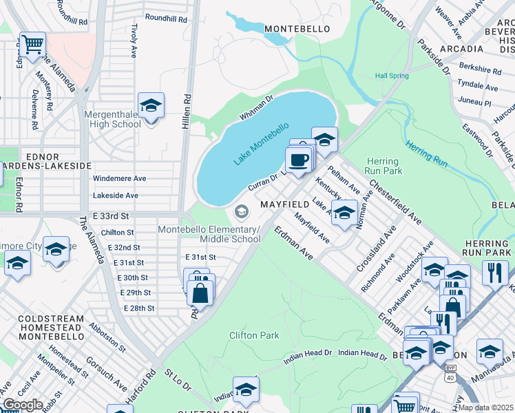 map of restaurants, bars, coffee shops, grocery stores, and more near 2105 Erdman Avenue in Baltimore