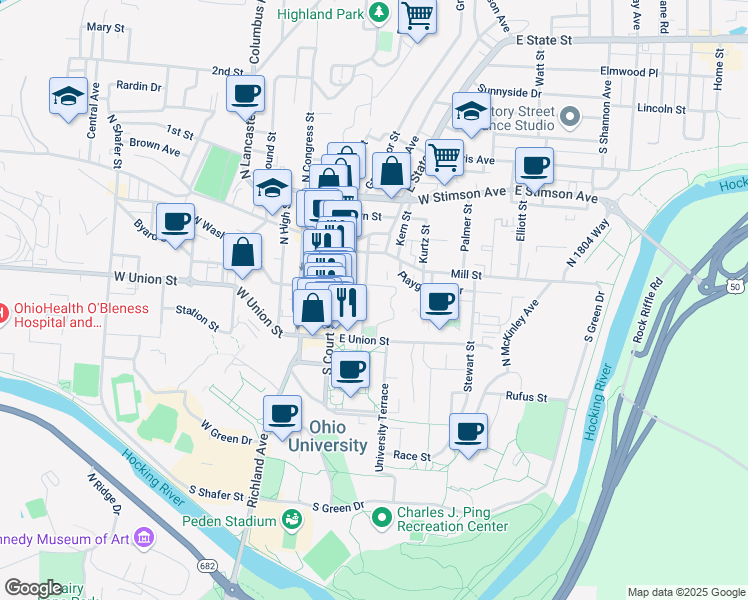 map of restaurants, bars, coffee shops, grocery stores, and more near 20 East Union Street in Athens