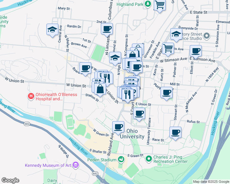 map of restaurants, bars, coffee shops, grocery stores, and more near 74 West Union Street in Athens