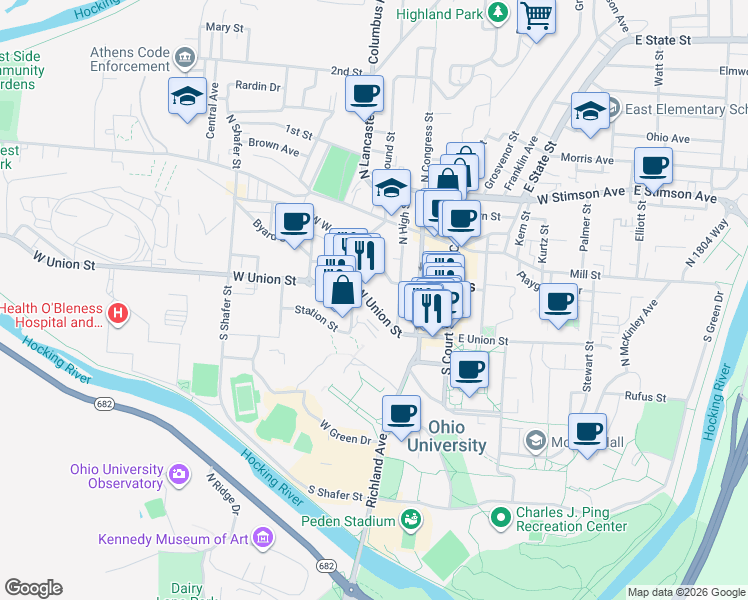 map of restaurants, bars, coffee shops, grocery stores, and more near 74 West Union Street in Athens