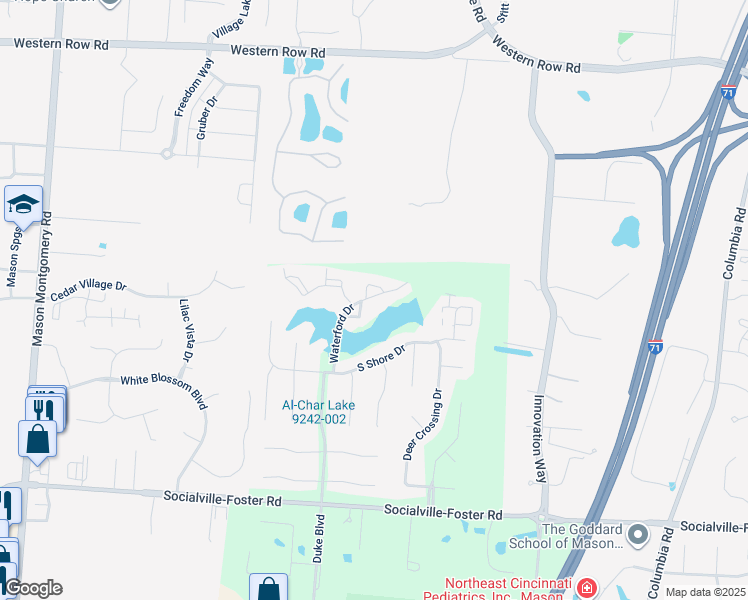 map of restaurants, bars, coffee shops, grocery stores, and more near 7450-8 Waterford Drive in Mason