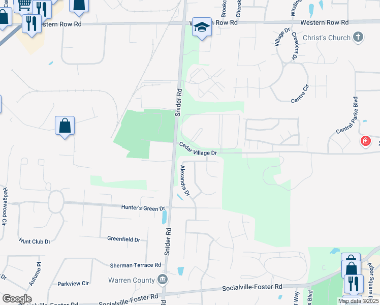 map of restaurants, bars, coffee shops, grocery stores, and more near 7647 Alexandra Drive in Mason