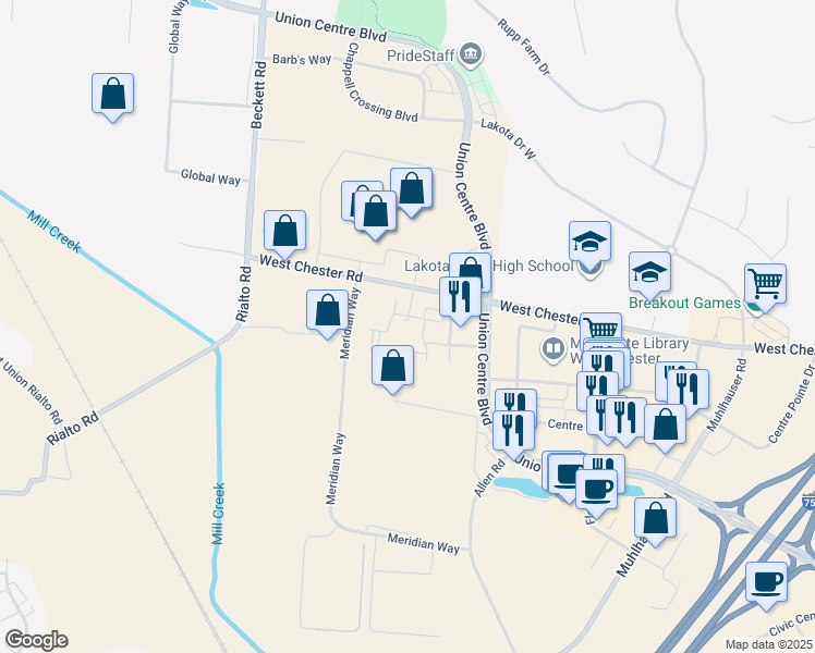 map of restaurants, bars, coffee shops, grocery stores, and more near 5599 Garden Center Way in Butler County
