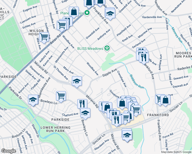 map of restaurants, bars, coffee shops, grocery stores, and more near 4702 Sipple Avenue in Baltimore