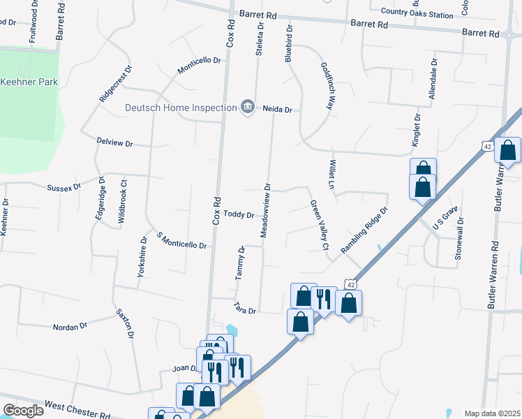 map of restaurants, bars, coffee shops, grocery stores, and more near 8767 Meadowview Drive in Butler County