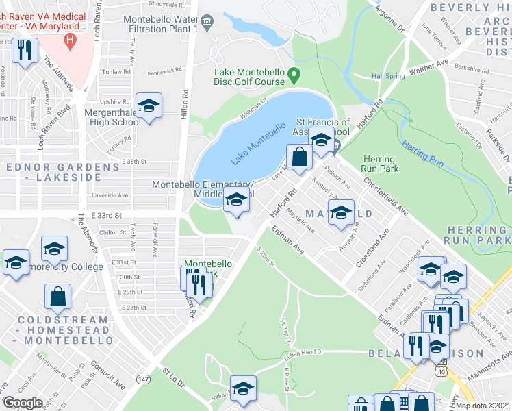 map of restaurants, bars, coffee shops, grocery stores, and more near 2105 Erdman Avenue in Baltimore