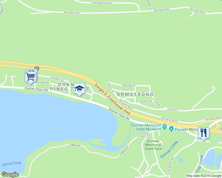 map of restaurants, bars, coffee shops, grocery stores, and more near Dulzura Street & Martis Drive in Truckee