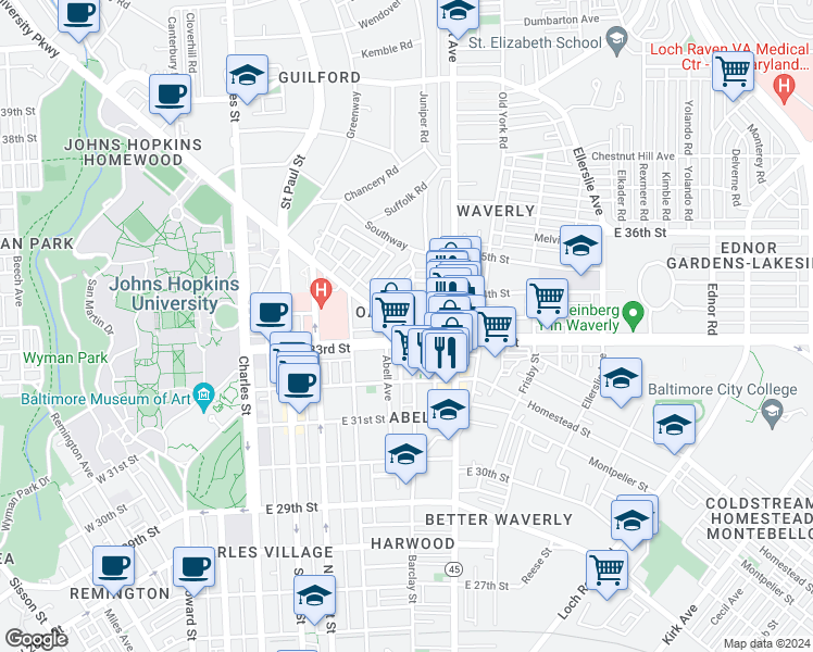 map of restaurants, bars, coffee shops, grocery stores, and more near 350 East University Parkway in Baltimore