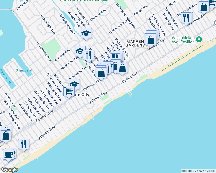 map of restaurants, bars, coffee shops, grocery stores, and more near 17 South Gladstone Avenue in Margate City