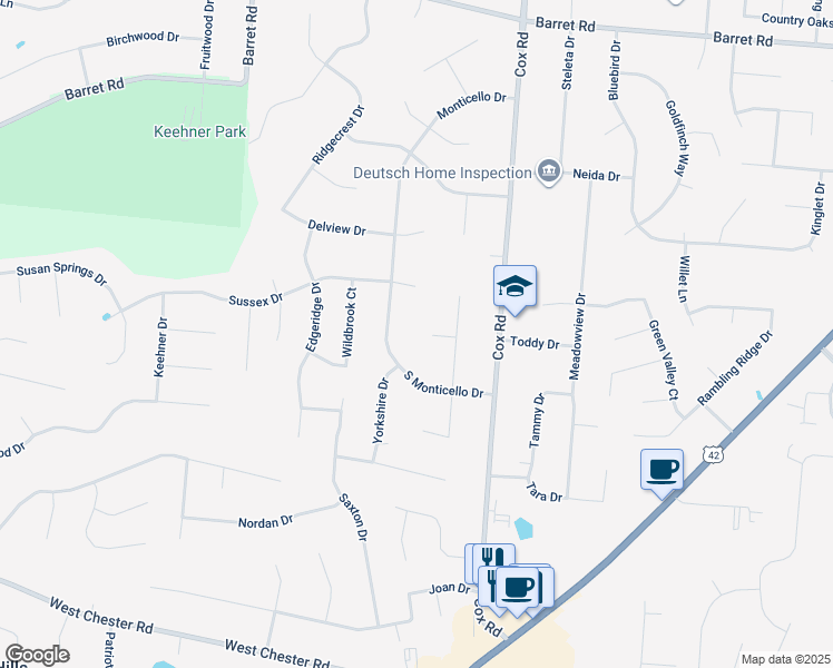 map of restaurants, bars, coffee shops, grocery stores, and more near 7745 Quaker Court in Butler County