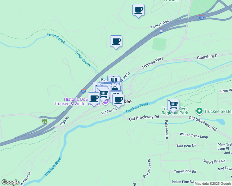 map of restaurants, bars, coffee shops, grocery stores, and more near 10044 Donner Pass Road in Truckee