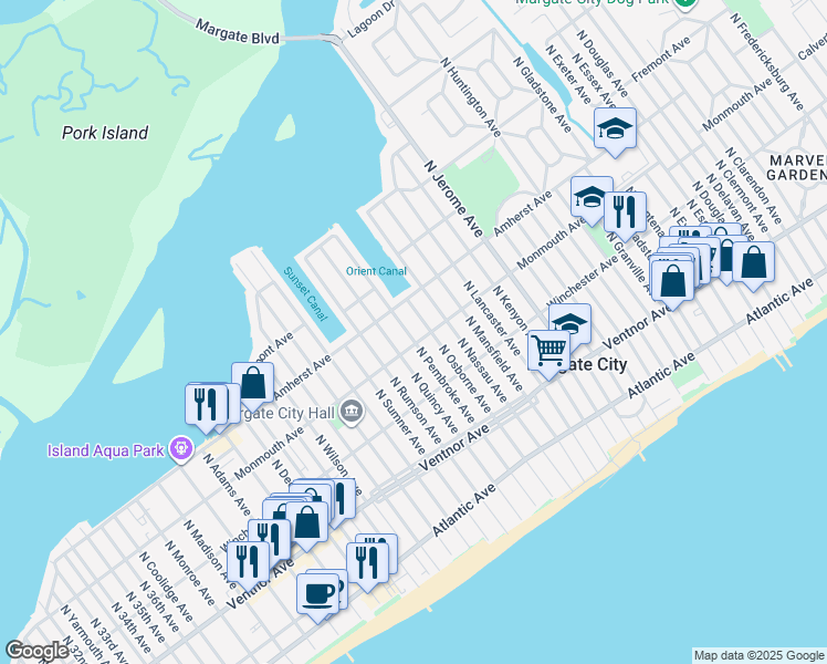 map of restaurants, bars, coffee shops, grocery stores, and more near 203 North Pembroke Avenue in Margate City