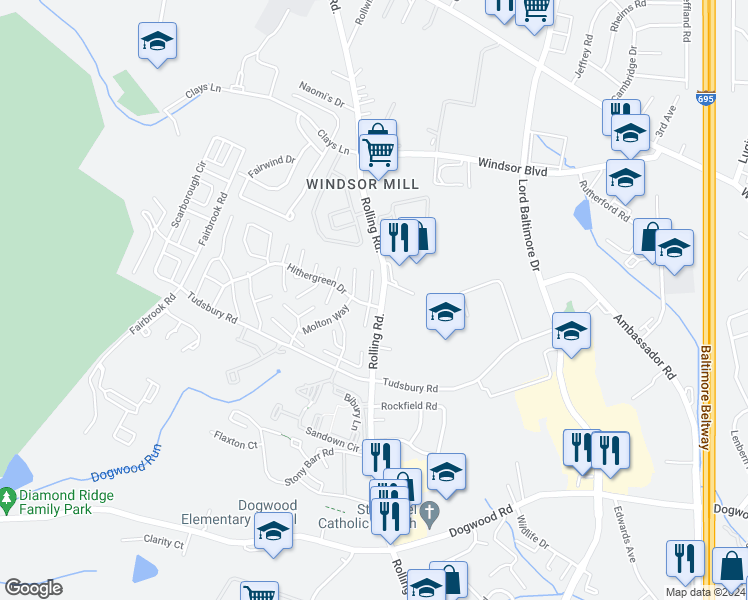 map of restaurants, bars, coffee shops, grocery stores, and more near 2603 Camberwell Court in Baltimore