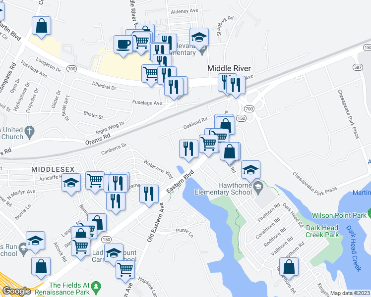 map of restaurants, bars, coffee shops, grocery stores, and more near 30 South Hawthorne Road in Middle River