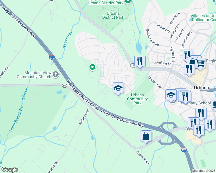 map of restaurants, bars, coffee shops, grocery stores, and more near 8636 Shady Pines Drive in Urbana