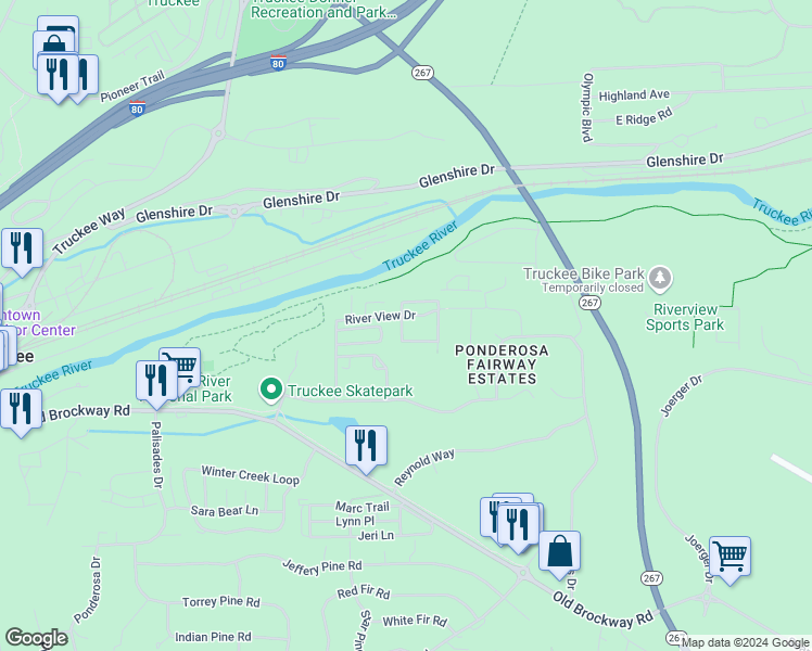 map of restaurants, bars, coffee shops, grocery stores, and more near 10055 Nicolas Drive in Truckee