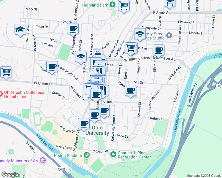 map of restaurants, bars, coffee shops, grocery stores, and more near 20 East Union Street in Athens