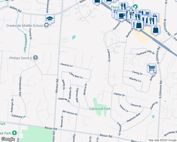 map of restaurants, bars, coffee shops, grocery stores, and more near 2440 Clara Bea Lane in Fairfield