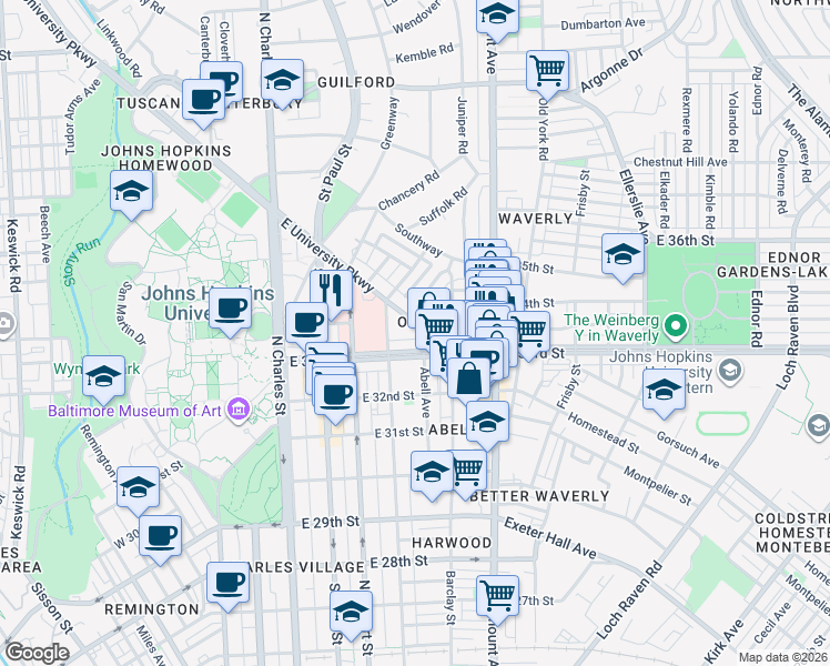 map of restaurants, bars, coffee shops, grocery stores, and more near 329 East University Parkway in Baltimore