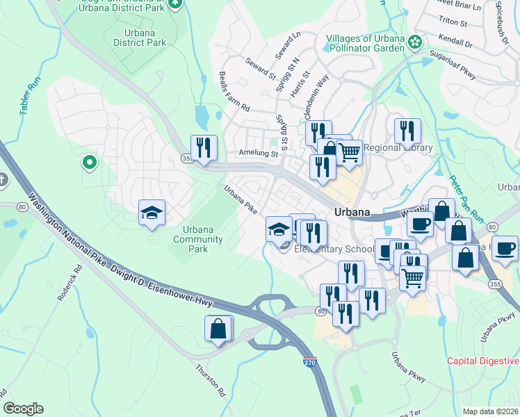 map of restaurants, bars, coffee shops, grocery stores, and more near 3601 Urbana Pike in Frederick