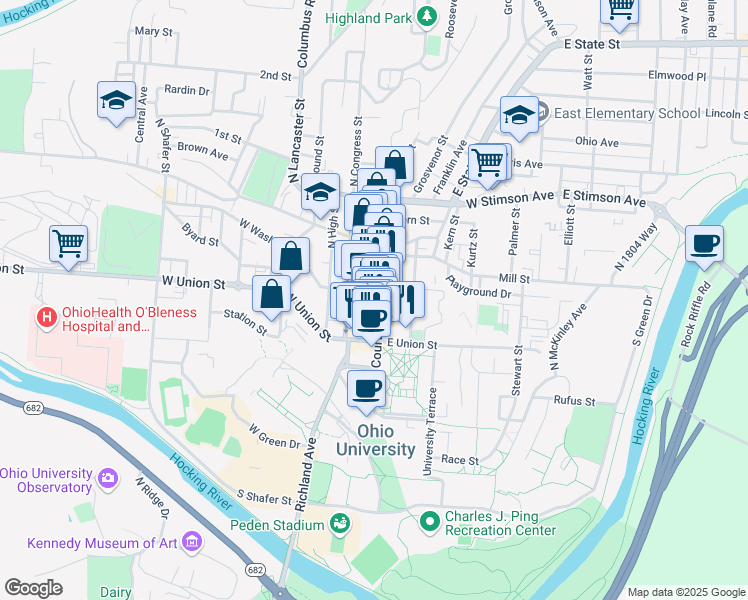 map of restaurants, bars, coffee shops, grocery stores, and more near 1 South Court Street in Athens